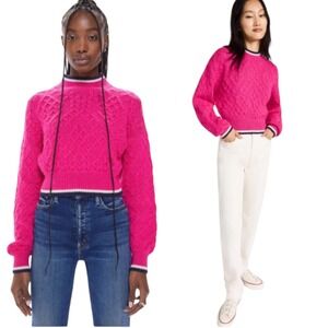 MOTHER The Mock Jumper Crop Sweater Pink Cable Knit Alpaca Blend M Cottagecore